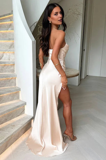 Beautiful Timeless Chic Elegant Champagne Satin Mermaid Strapless Sleeveless Floor-Length Prom Dress