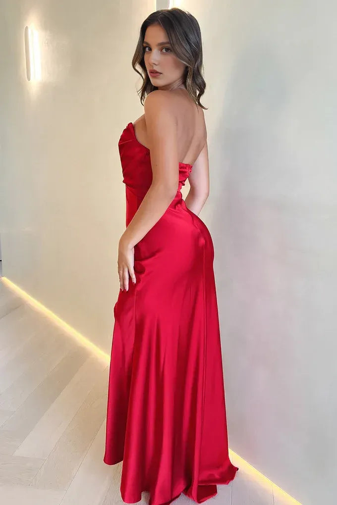Stylish Refined Beautiful Elegant Red Satin Mermaid Strapless Sleeveless Floor-Length Prom Dress