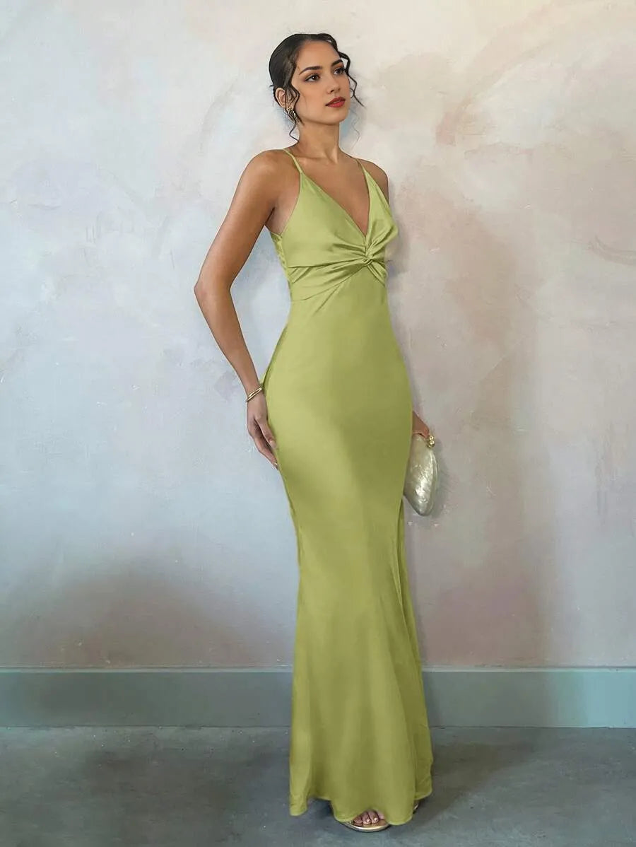 Mermaid V- Neck Spaghetti Straps Twist Crisscross Back Floor-Length Prom Dress