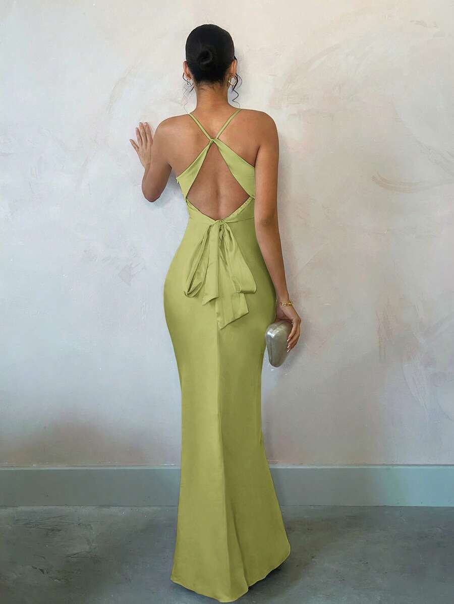 Mermaid V- Neck Spaghetti Straps Twist Crisscross Back Floor-Length Prom Dress