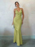 Mermaid V- Neck Spaghetti Straps Twist Crisscross Back Floor-Length Prom Dress