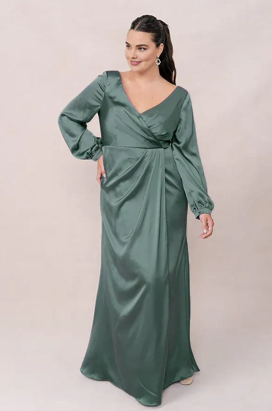 Beautiful Timeless Elegant Sage Green Satin Mermaid Long Sleeve Floor-Length Prom Dress