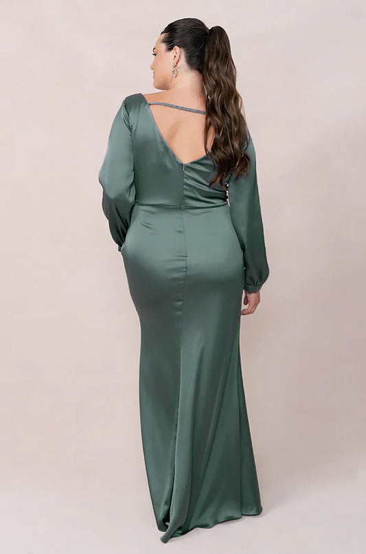 Beautiful Timeless Elegant Sage Green Satin Mermaid Long Sleeve Floor-Length Prom Dress