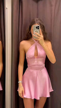 Pink Halter Homecoming Dress with Cross Halter Neckline Cut Out Detail Flared Skirt for Prom Nigh