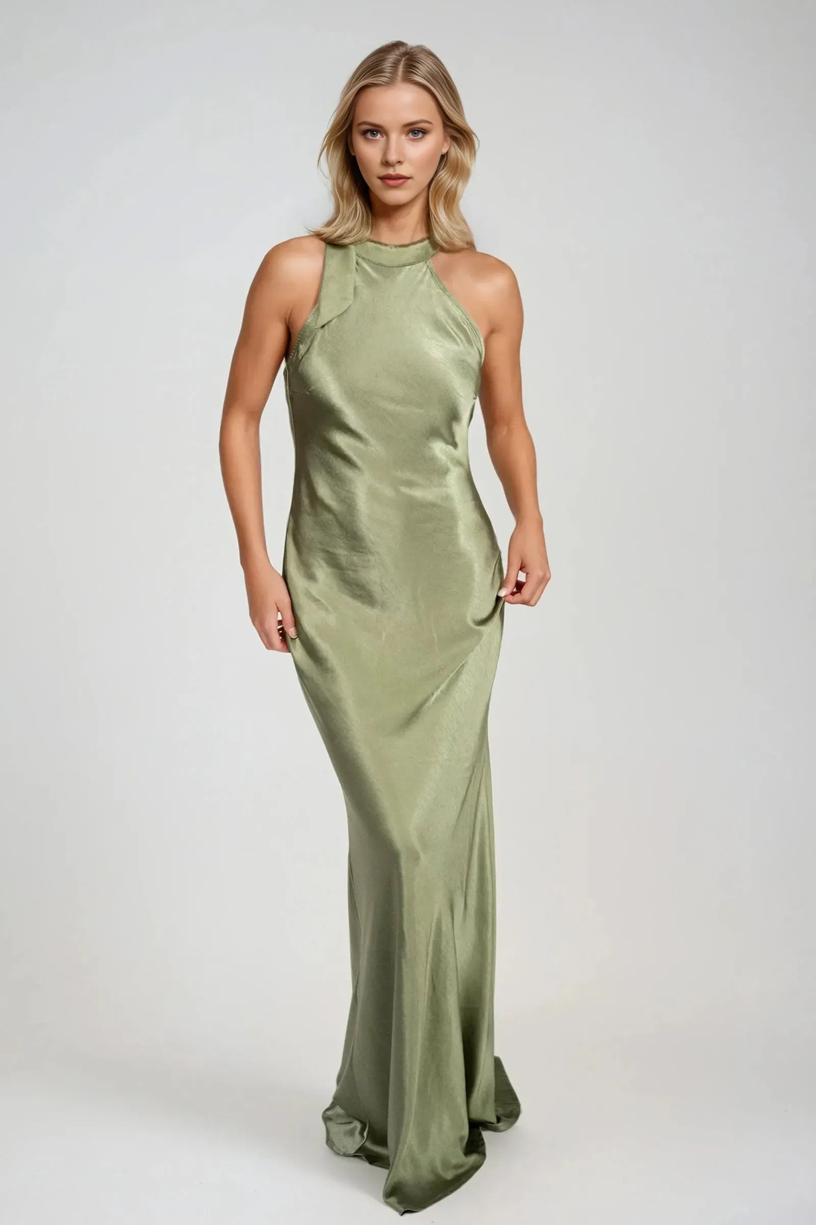 Sage Green Mermaid Halter Neckline Sleeveless Open Back Tie-Back Floor-Length Prom Dresses for ladies