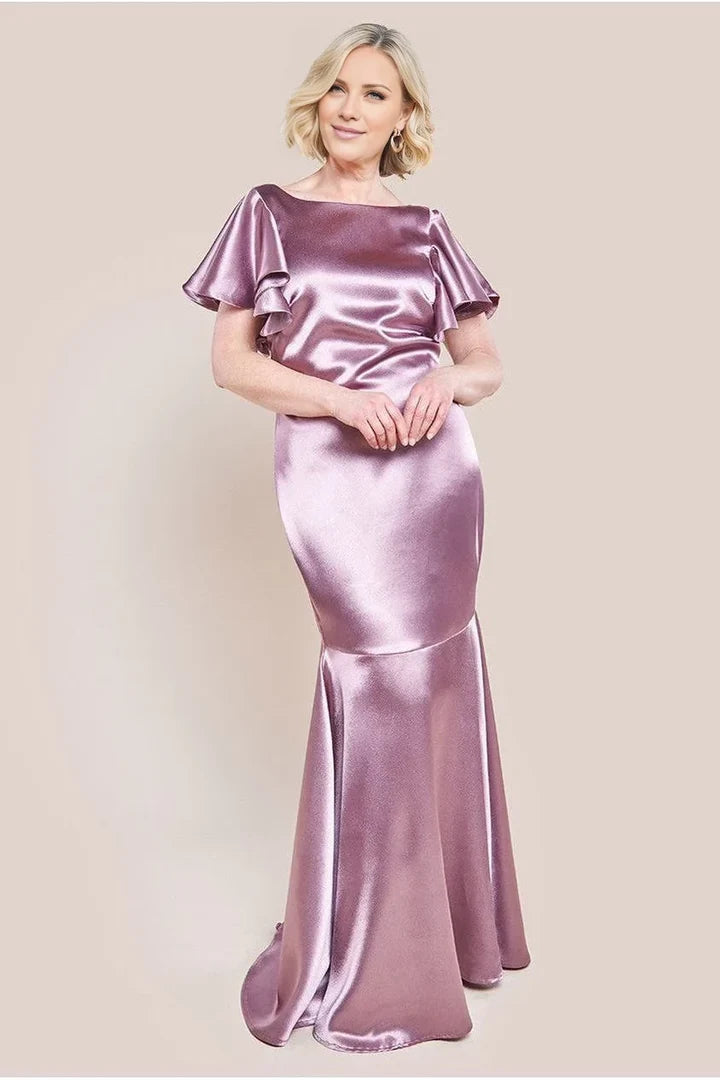 Dusty Rose Mermaid Boat Neck Flutter Sleeve V‑Back Floor‑Length Mother Of The Bride Dress