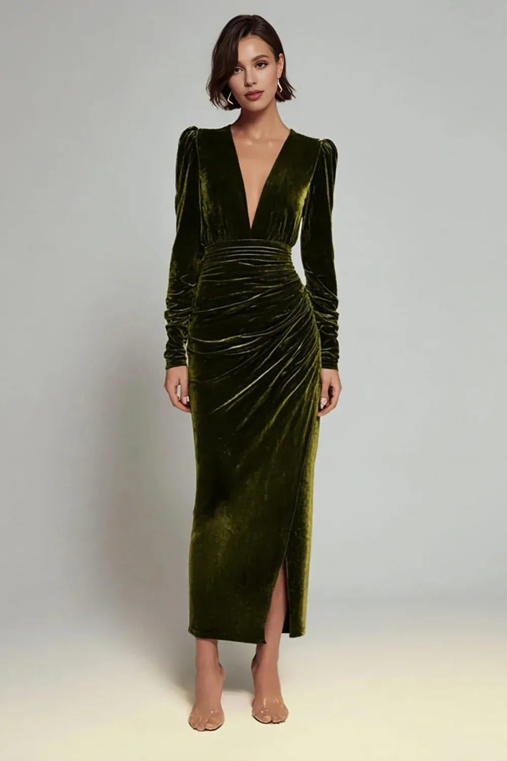 Special Occasion Elegant Olive Green Velvet Sheath V-Neck Long Sleeve Long Evening Dress
