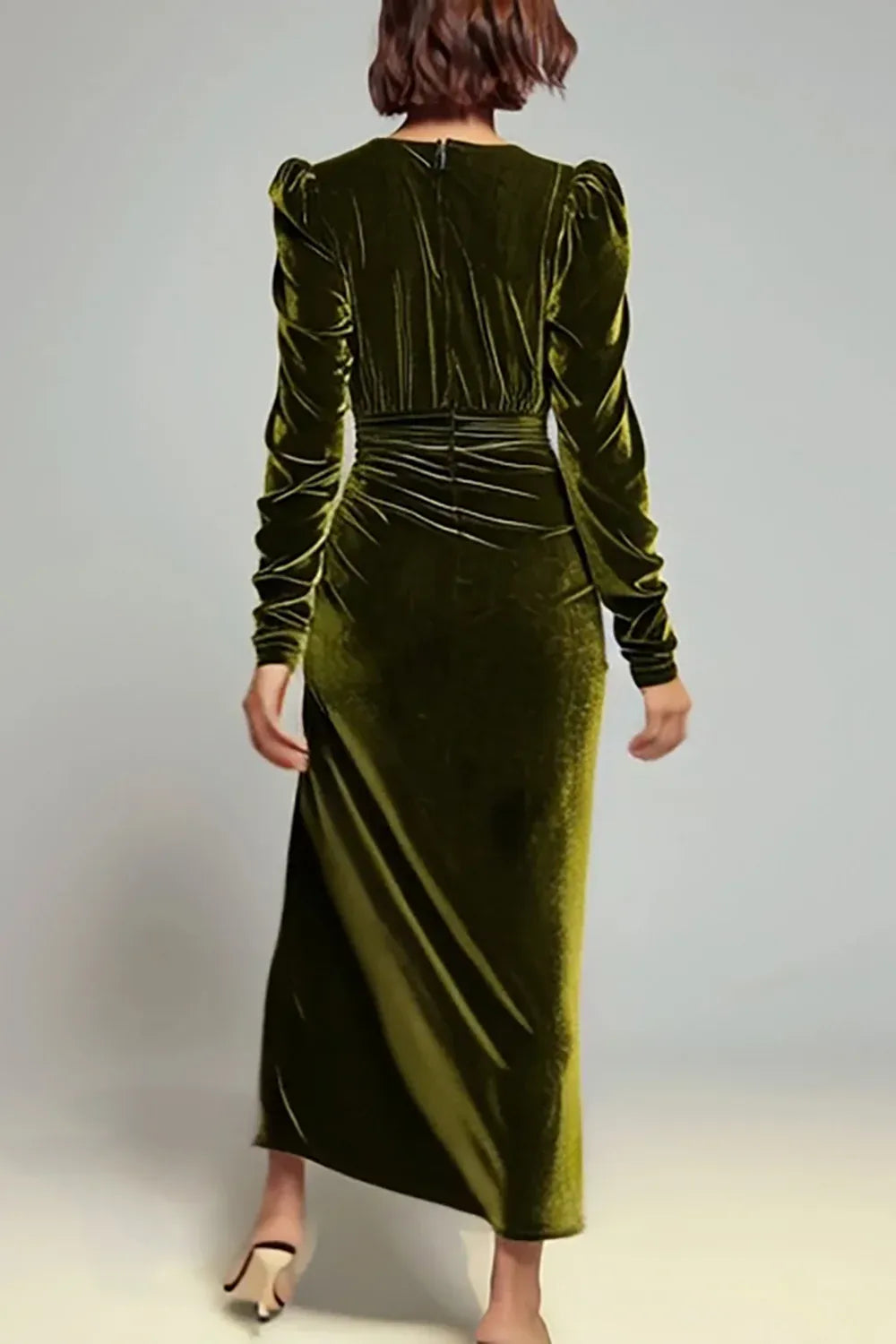 Special Occasion Elegant Olive Green Velvet Sheath V-Neck Long Sleeve Long Evening Dress