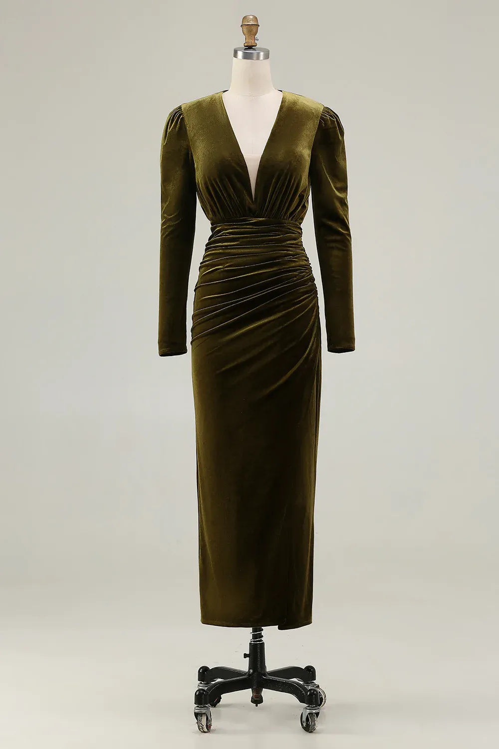 Special Occasion Elegant Olive Green Velvet Sheath V-Neck Long Sleeve Long Evening Dress