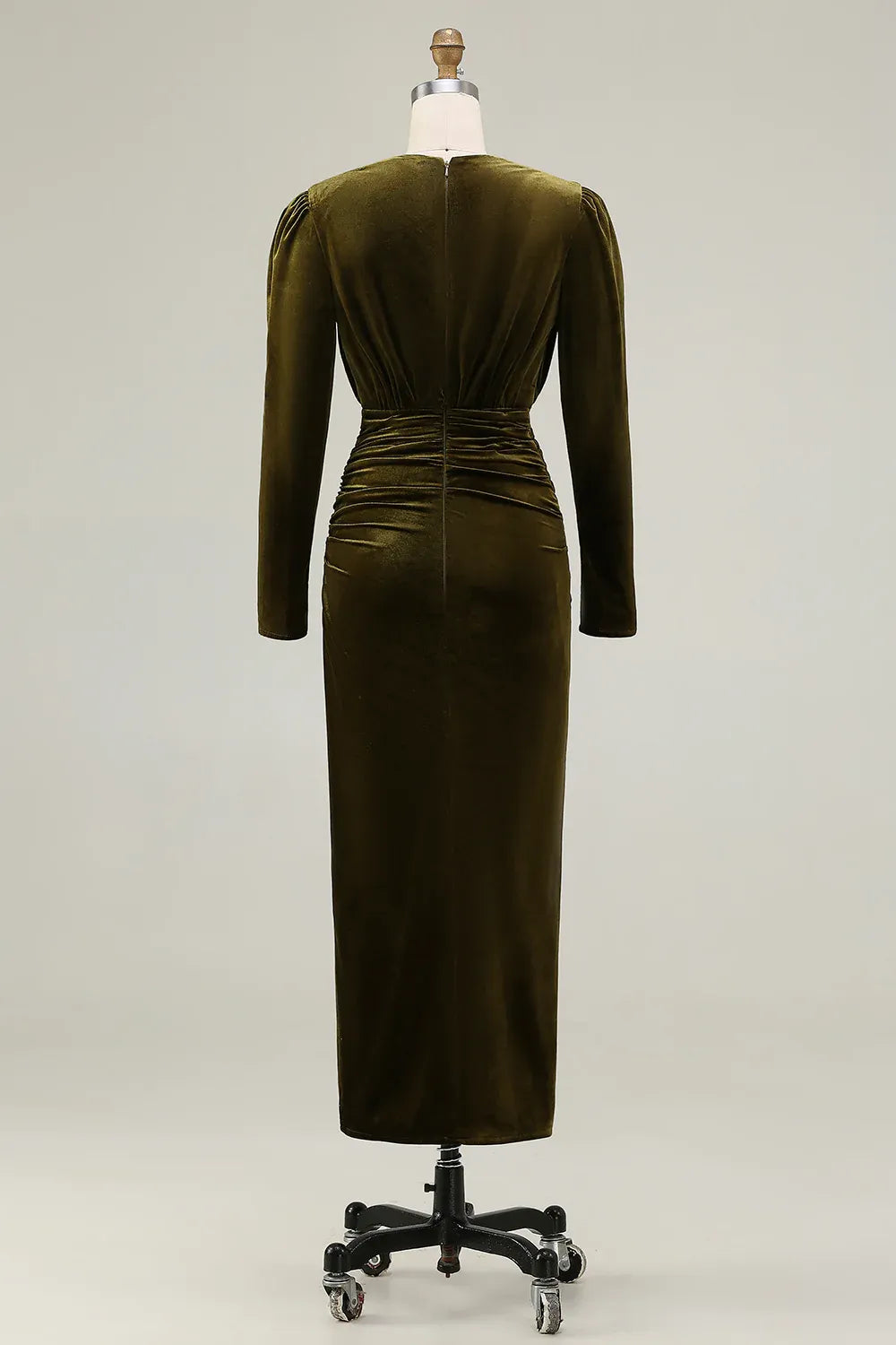 Special Occasion Elegant Olive Green Velvet Sheath V-Neck Long Sleeve Long Evening Dress
