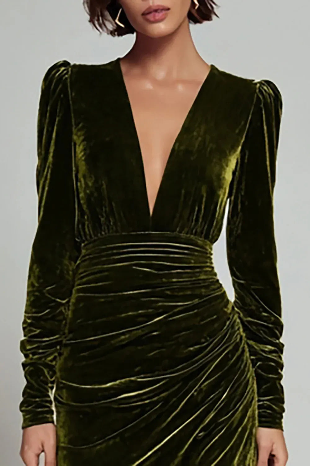 Special Occasion Elegant Olive Green Velvet Sheath V-Neck Long Sleeve Long Evening Dress