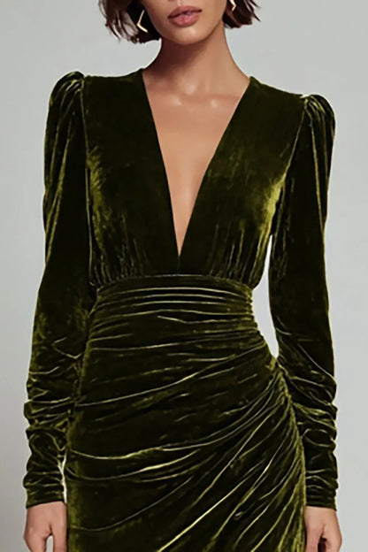 Special Occasion Elegant Olive Green Velvet Sheath V-Neck Long Sleeve Long Evening Dress