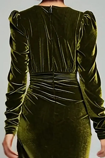 Special Occasion Elegant Olive Green Velvet Sheath V-Neck Long Sleeve Long Evening Dress