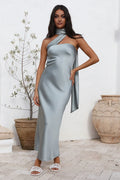 Graceful Stylish Refined Elegant Dusty Blue Satin Sheath Halter Sleeveless Prom Dress