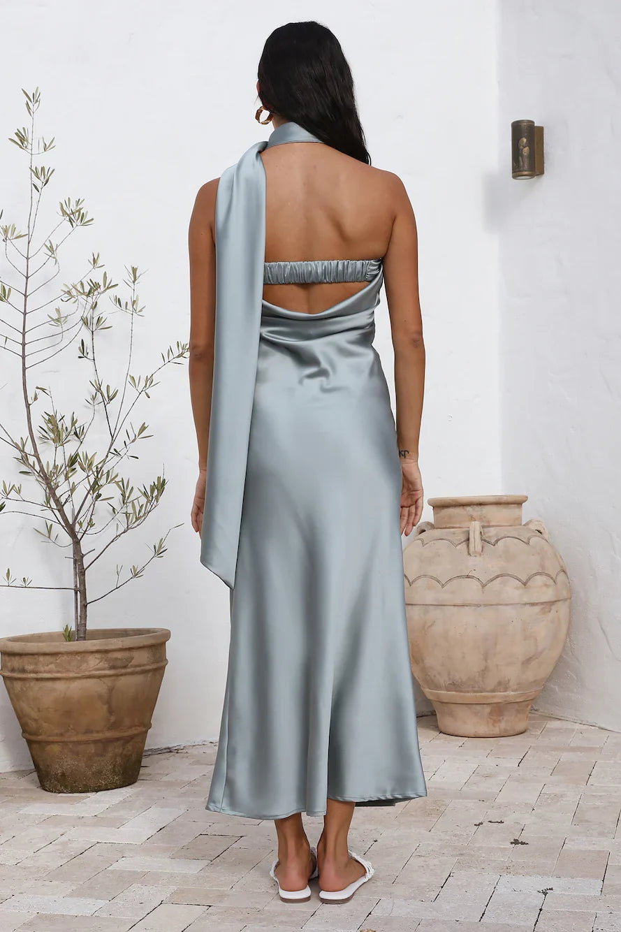 Graceful Stylish Refined Elegant Dusty Blue Satin Sheath Halter Sleeveless Prom Dress