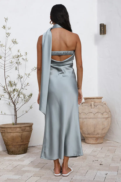 Graceful Stylish Refined Elegant Dusty Blue Satin Sheath Halter Sleeveless Prom Dress