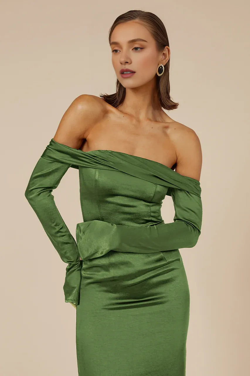 Special Occasion Sophisticated Elegant Red Satin Sheath Long Sleeve Long Prom Dress