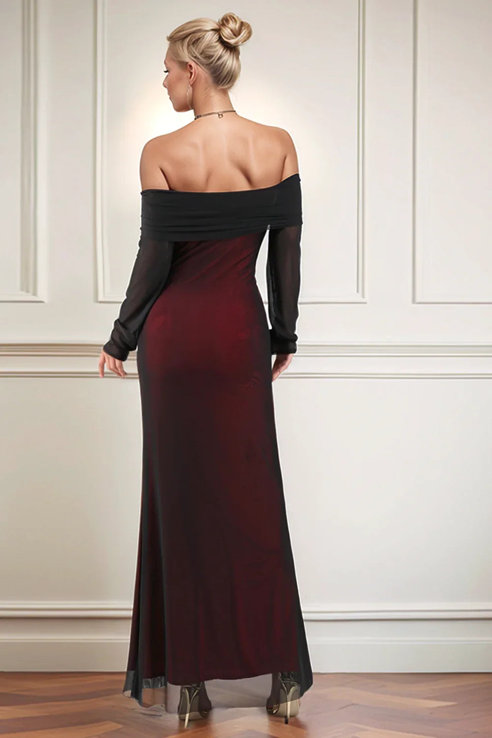 Timeless Special Occasion Elegant Burgundy Tulle Sheath Long Sleeve Floor-Length Prom Dress