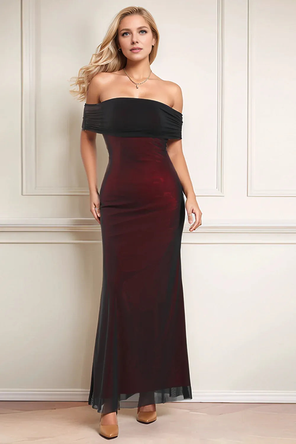 Timeless Special Occasion Elegant Burgundy Tulle Sheath Long Sleeve Floor-Length Prom Dress