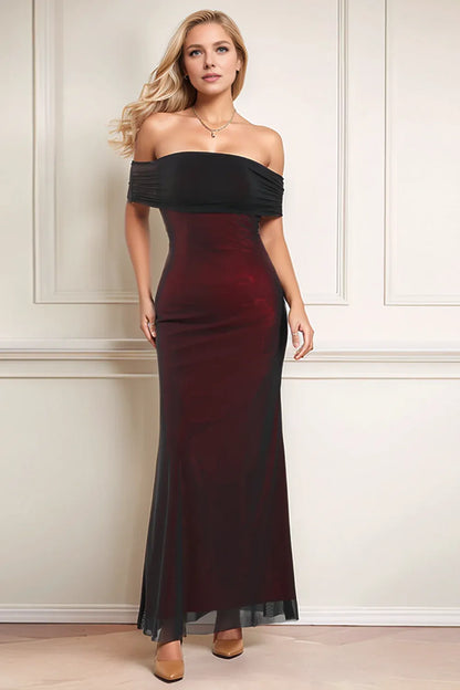 Timeless Special Occasion Elegant Burgundy Tulle Sheath Long Sleeve Floor-Length Prom Dress
