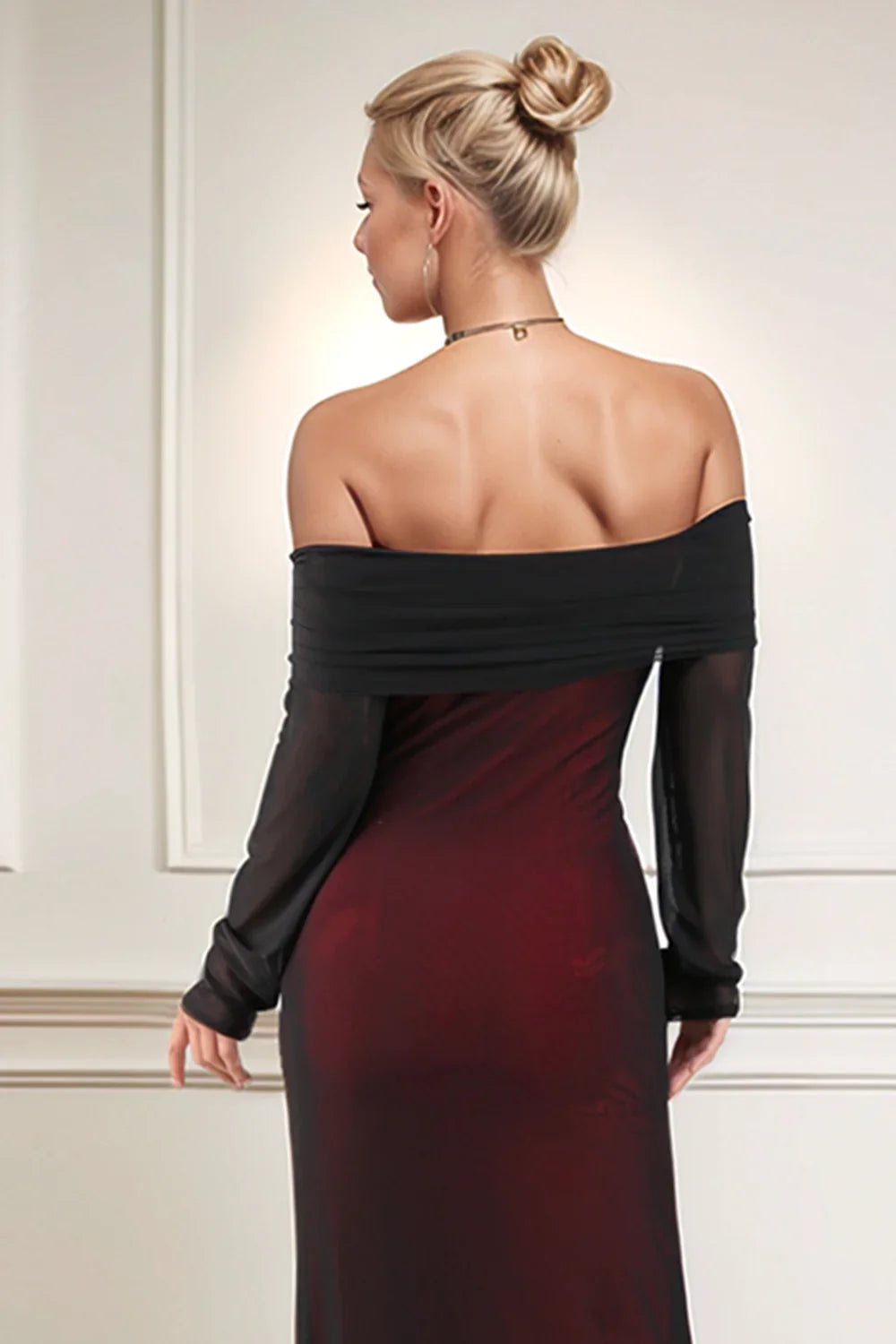 Timeless Special Occasion Elegant Burgundy Tulle Sheath Long Sleeve Floor-Length Prom Dress