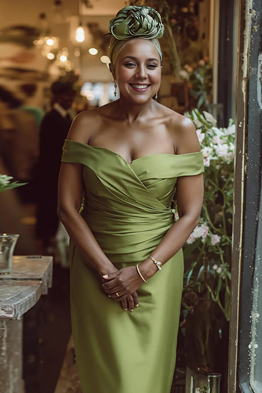 Sophisticated Elegant Olive Green Satin Sheath Sleeveless Mother of the Bride Dress