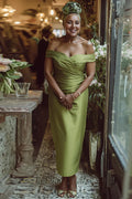 Sophisticated Elegant Olive Green Satin Sheath Sleeveless Mother of the Bride Dress
