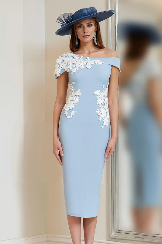 Refined Elegant Light Blue Sheath Sleeveless Tea-Length Mother of the Bride Dress