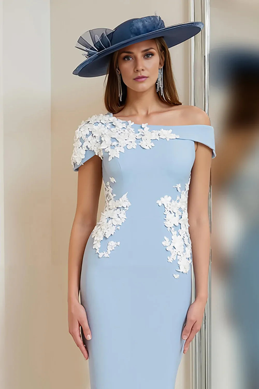 Refined Elegant Light Blue Sheath Sleeveless Tea-Length Mother of the Bride Dress