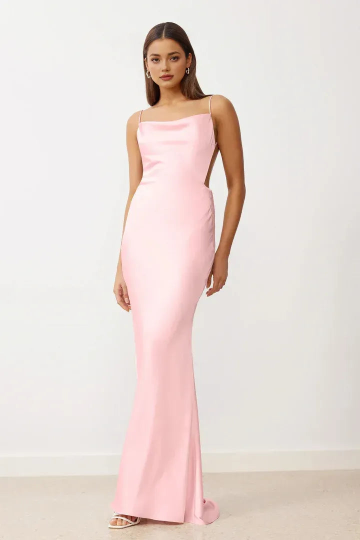 Special Occasion Sophisticated Graceful Elegant Blush Pink Satin Sheath Sleeveless Floor-Length Prom Dress