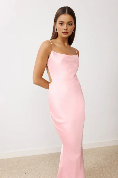 Special Occasion Sophisticated Graceful Elegant Blush Pink Satin Sheath Sleeveless Floor-Length Prom Dress