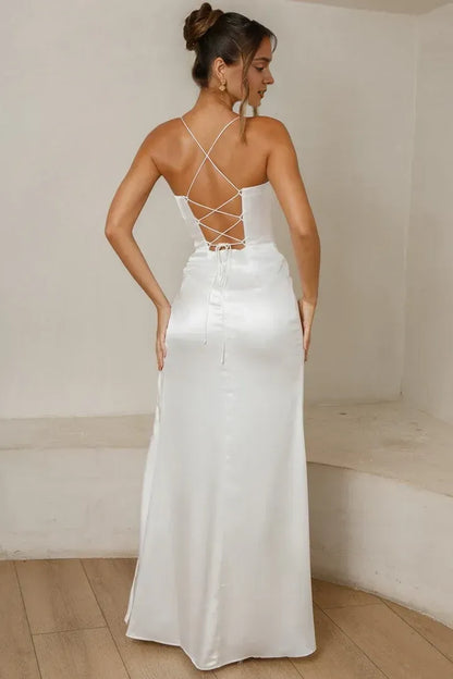 Beautiful Timeless Special Occasion Elegant White Satin Sheath Sleeveless Floor-Length Wedding Dress