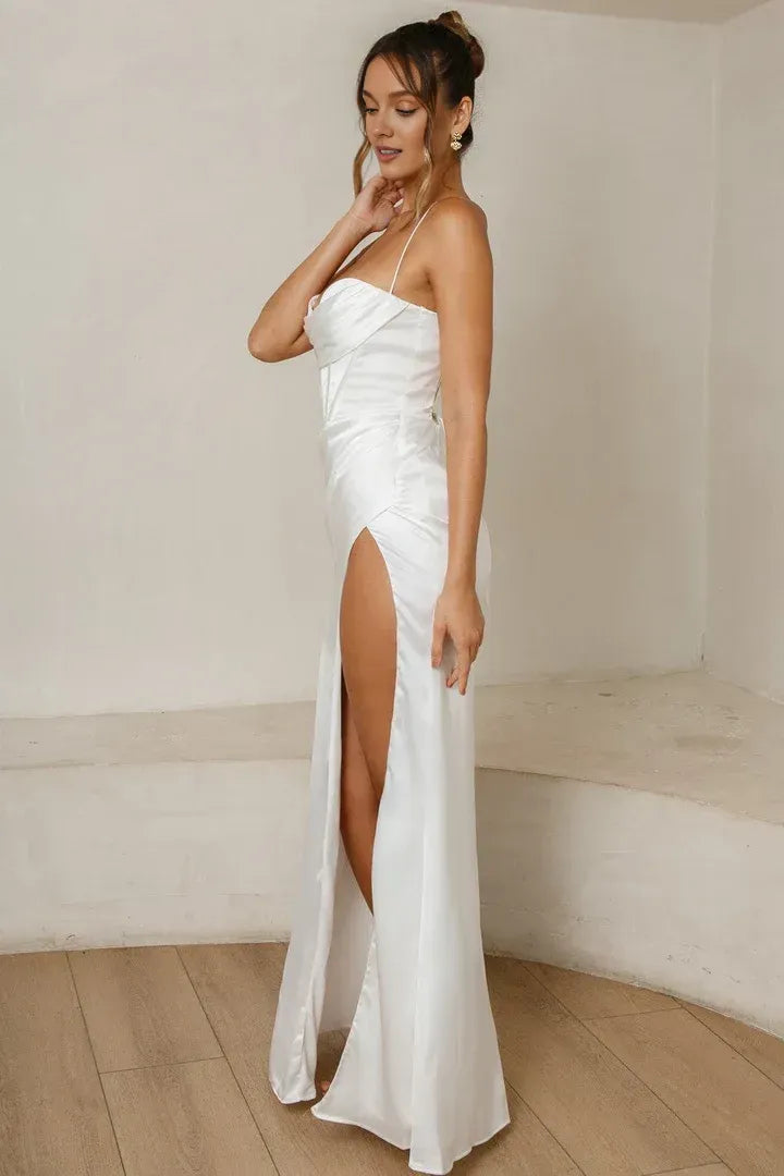 Beautiful Timeless Special Occasion Elegant White Satin Sheath Sleeveless Floor-Length Wedding Dress
