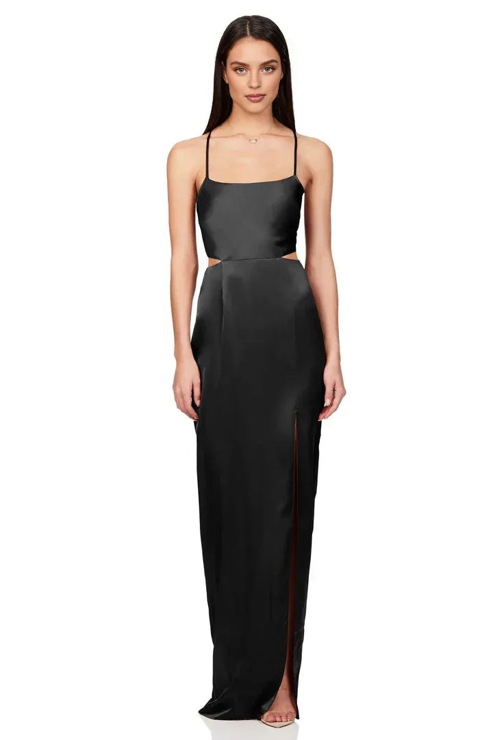 Beautiful Timeless Elegant Black Satin Sheath Square Neck Sleeveless Floor-Length Prom Dress