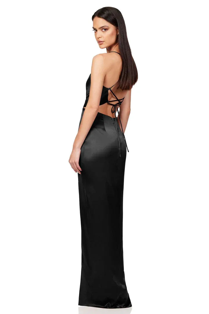 Beautiful Timeless Elegant Black Satin Sheath Square Neck Sleeveless Floor-Length Prom Dress