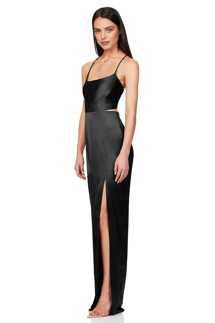 Beautiful Timeless Elegant Black Satin Sheath Square Neck Sleeveless Floor-Length Prom Dress