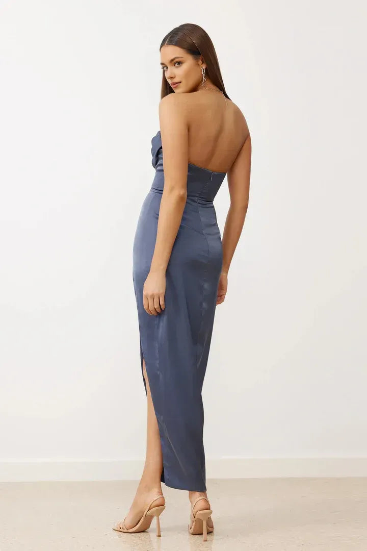 Special Occasion Sophisticated Graceful Elegant Silver Satin Sheath Strapless Sleeveless Prom Dress