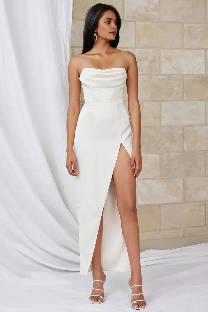 Special Occasion Sophisticated Graceful Elegant Silver Satin Sheath Strapless Sleeveless Prom Dress