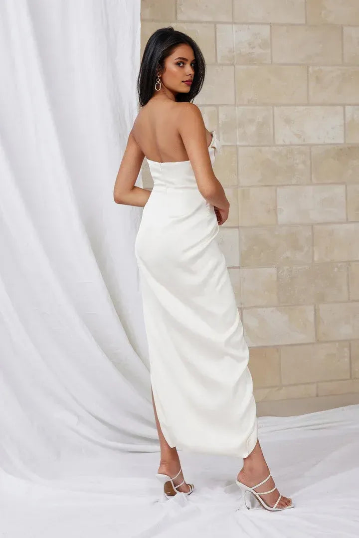 Special Occasion Sophisticated Graceful Elegant Silver Satin Sheath Strapless Sleeveless Prom Dress