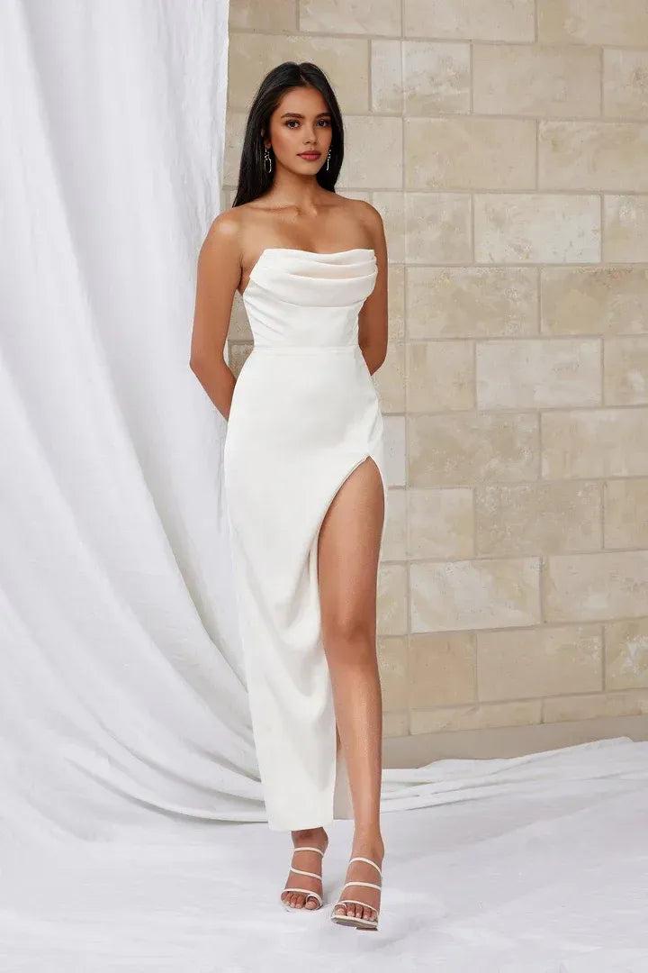 Special Occasion Sophisticated Graceful Elegant Silver Satin Sheath Strapless Sleeveless Prom Dress