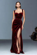 Graceful Stylish Refined Elegant Burgundy Velvet Sheath Sweetheart Sleeveless Floor-Length Evening Dress