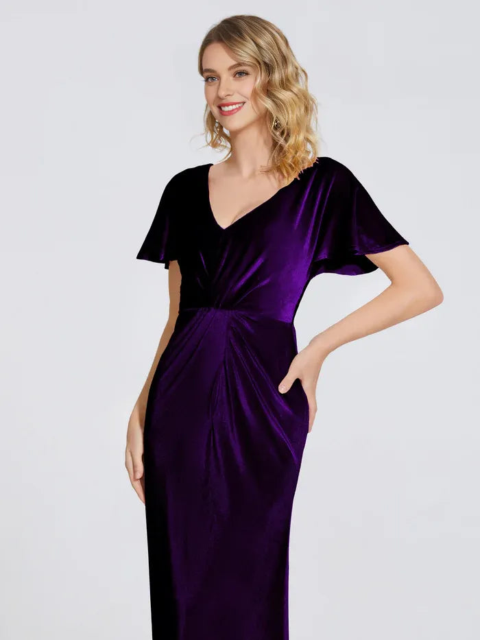 Elegant Silver Velvet Sheath Short Sleeve Short Mother of the Bride Dress