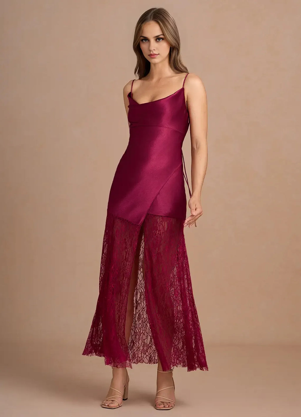 Special Occasion Sophisticated Graceful Stylish Elegant Burgundy Satin Sheath Cowl Sleeveless Evening Dress