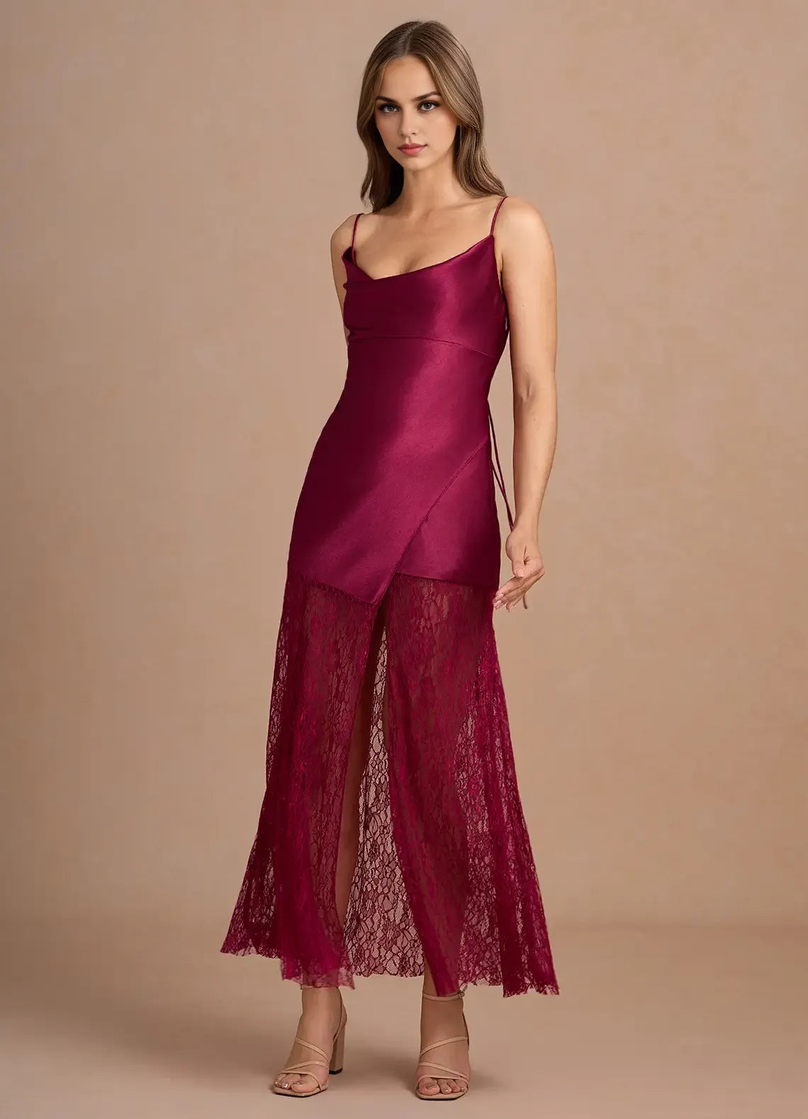 Special Occasion Sophisticated Graceful Stylish Elegant Burgundy Satin Sheath Cowl Sleeveless Evening Dress
