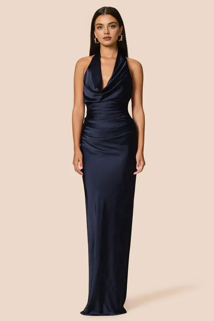 Special Occasion Elegant Navy Blue Satin Sheath Halter Sleeveless Floor-Length Prom Dress