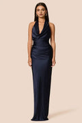 Special Occasion Elegant Navy Blue Satin Sheath Halter Sleeveless Floor-Length Prom Dress