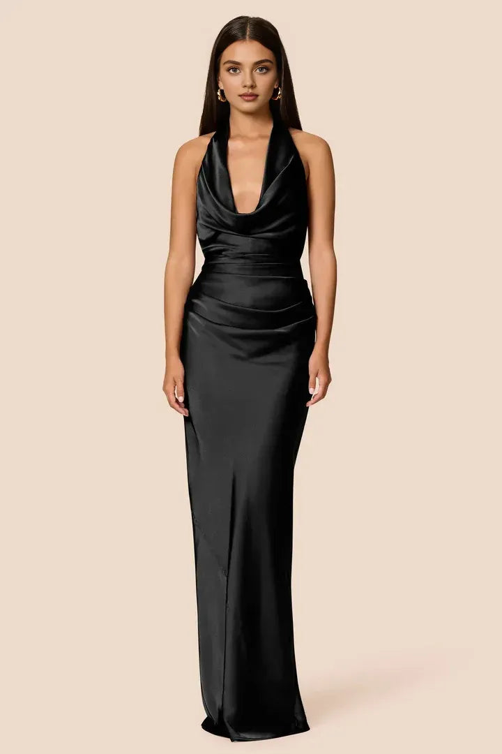 Special Occasion Elegant Navy Blue Satin Sheath Halter Sleeveless Floor-Length Prom Dress