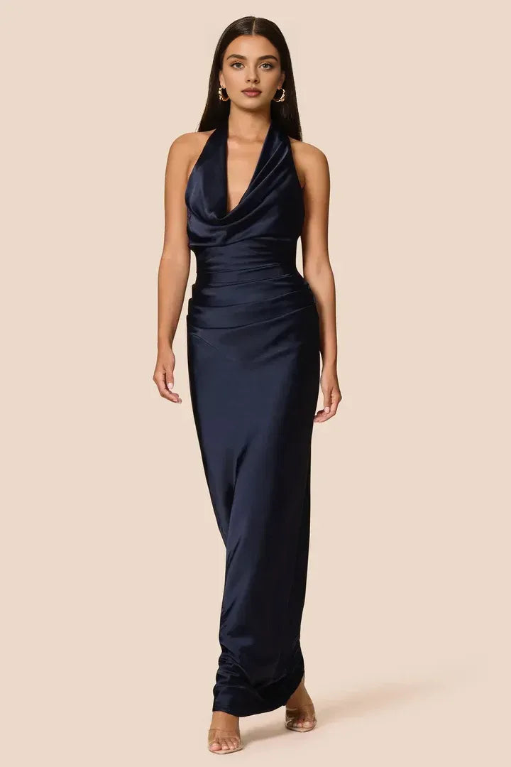 Special Occasion Elegant Navy Blue Satin Sheath Halter Sleeveless Floor-Length Prom Dress