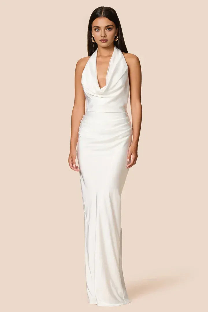 Beautiful Timeless Elegant Sage Green Satin Sheath Halter Sleeveless Floor-Length Prom Dress