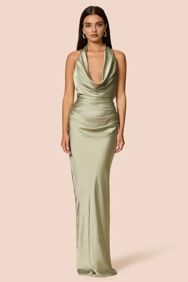 Beautiful Timeless Elegant Sage Green Satin Sheath Halter Sleeveless Floor-Length Prom Dress
